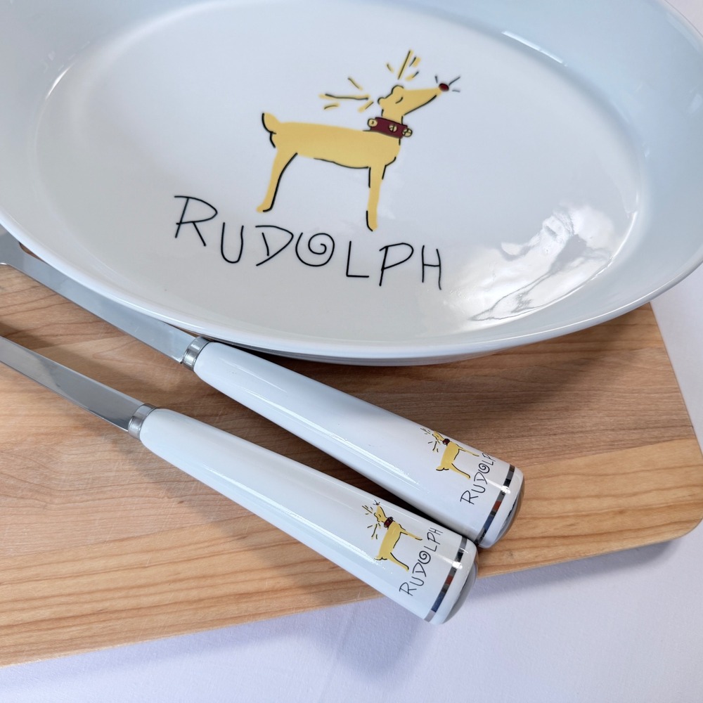 Pottery Barn Reindeer Rudolph Serving Set White Holiday Bowl and Utensils - Picture 8 of 15